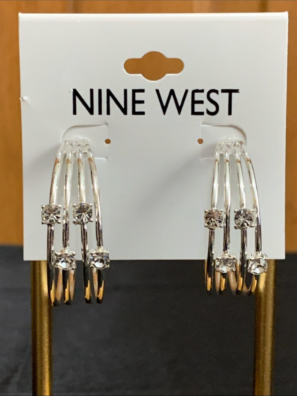 NWT Nine West silver tone clear stone hoop earrings